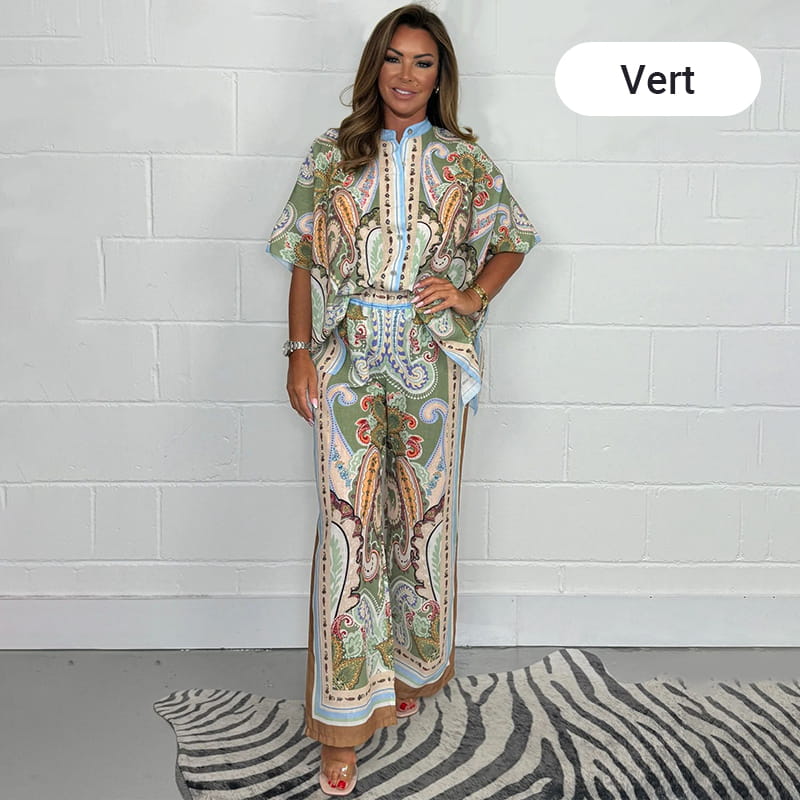 Ensemble deux pièces pour femmes : ensemble chemise chauve-souris imprimée surdimensionnée et pantalon large