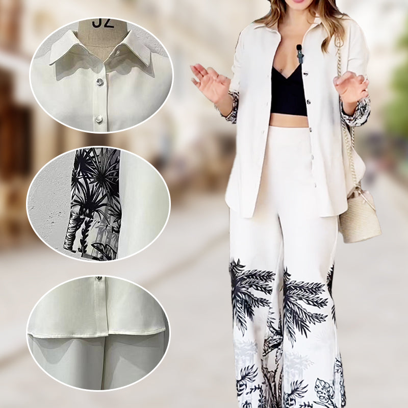 Ensemble 2 pièces élégant haut imprimé à manches longues + pantalon large