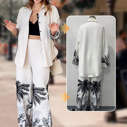 Ensemble 2 pièces élégant haut imprimé à manches longues + pantalon large