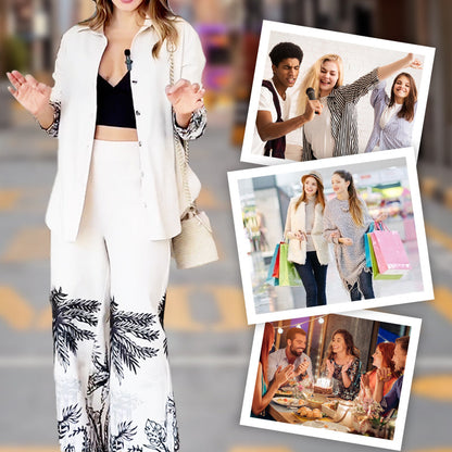 Ensemble 2 pièces élégant haut imprimé à manches longues + pantalon large