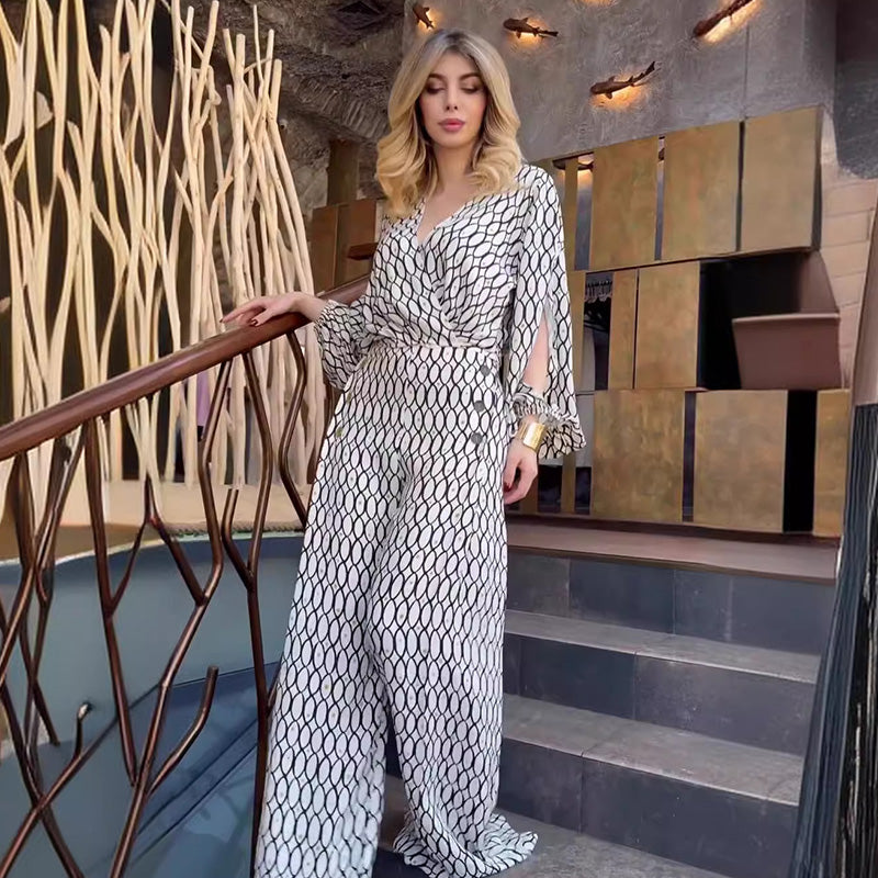 Ensemble 2 pièces imprimé tendance : haut ample à manches longues + pantalon large taille haute