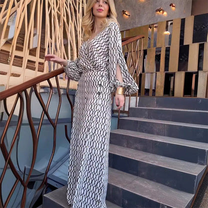 Ensemble 2 pièces imprimé tendance : haut ample à manches longues + pantalon large taille haute