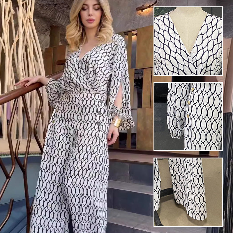 Ensemble 2 pièces imprimé tendance : haut ample à manches longues + pantalon large taille haute