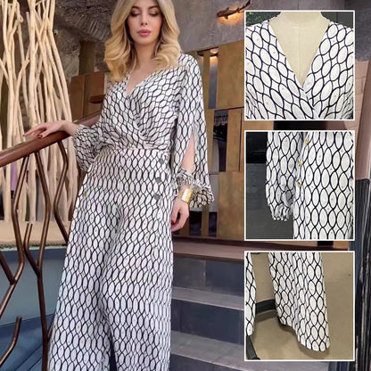 Ensemble 2 pièces imprimé tendance : haut ample à manches longues + pantalon large taille haute