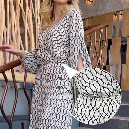 Ensemble 2 pièces imprimé tendance : haut ample à manches longues + pantalon large taille haute