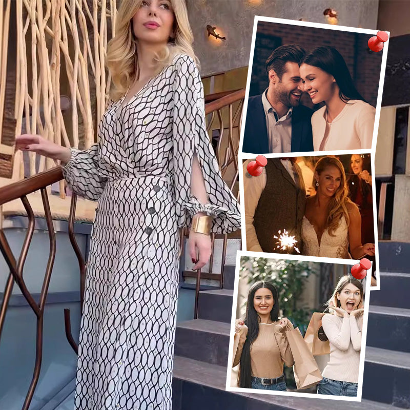 Ensemble 2 pièces imprimé tendance : haut ample à manches longues + pantalon large taille haute