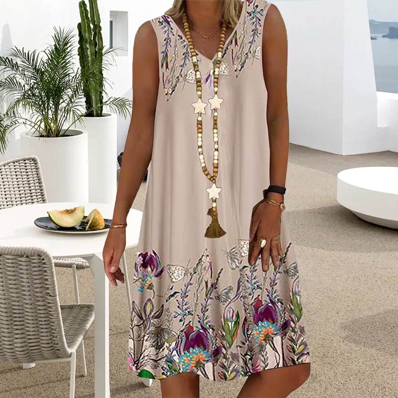 Robe Fleurie Sans Manches à Col en V pour Femme