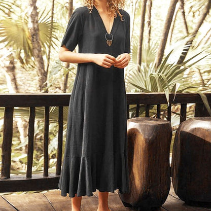 Robe Longue Décontractée à Manches Courtes et Col en V de Couleur Unie