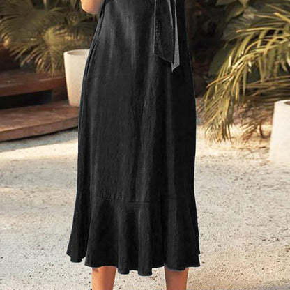 Robe Longue Décontractée à Manches Courtes et Col en V de Couleur Unie