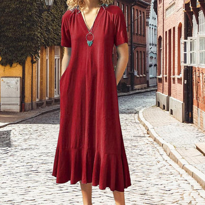 Robe Longue Décontractée à Manches Courtes et Col en V de Couleur Unie