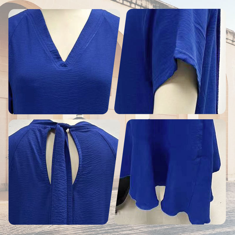 Robe Longue Décontractée à Manches Courtes et Col en V de Couleur Unie