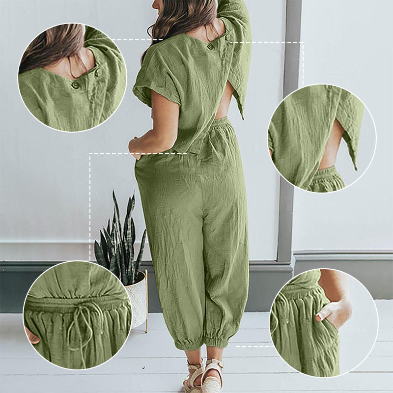 Ensemble 2 pièces - haut à manches courtes à col rond et pantalon à taille élastique