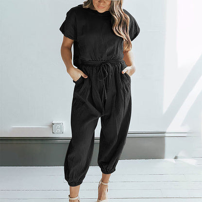 Ensemble 2 pièces - haut à manches courtes à col rond et pantalon à taille élastique