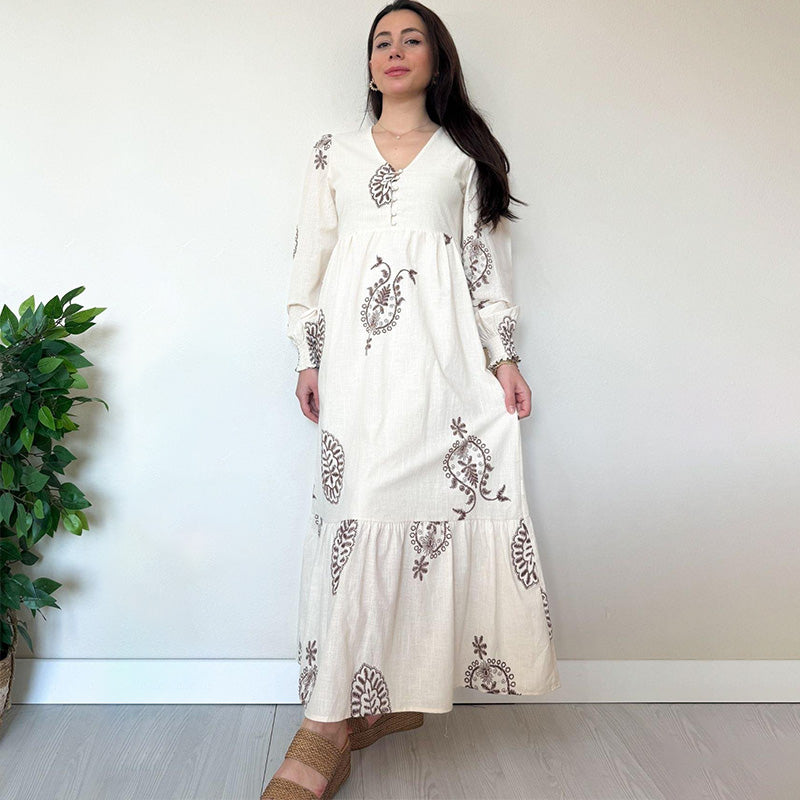 🔥Livraison gratuite🔥Robe Longue à Manches Longues Imprimée avec Décolleté en V