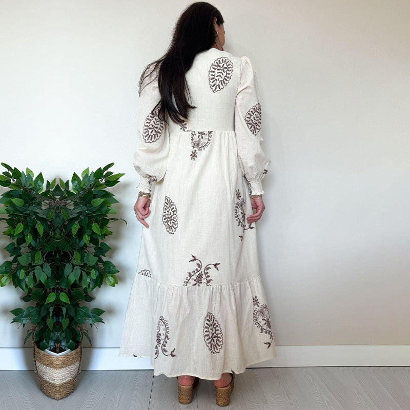 🔥Livraison gratuite🔥Robe Longue à Manches Longues Imprimée avec Décolleté en V