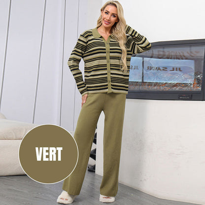 🔥Livraison gratuite🔥Ensemble 2 Pièces en Tricot pour Femmes : Haut à Col Revers & Pantalon à Jambes Larges