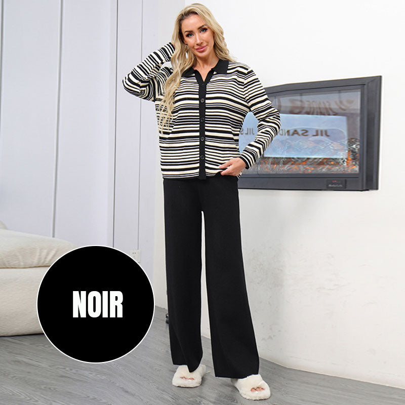 🔥Livraison gratuite🔥Ensemble 2 Pièces en Tricot pour Femmes : Haut à Col Revers & Pantalon à Jambes Larges