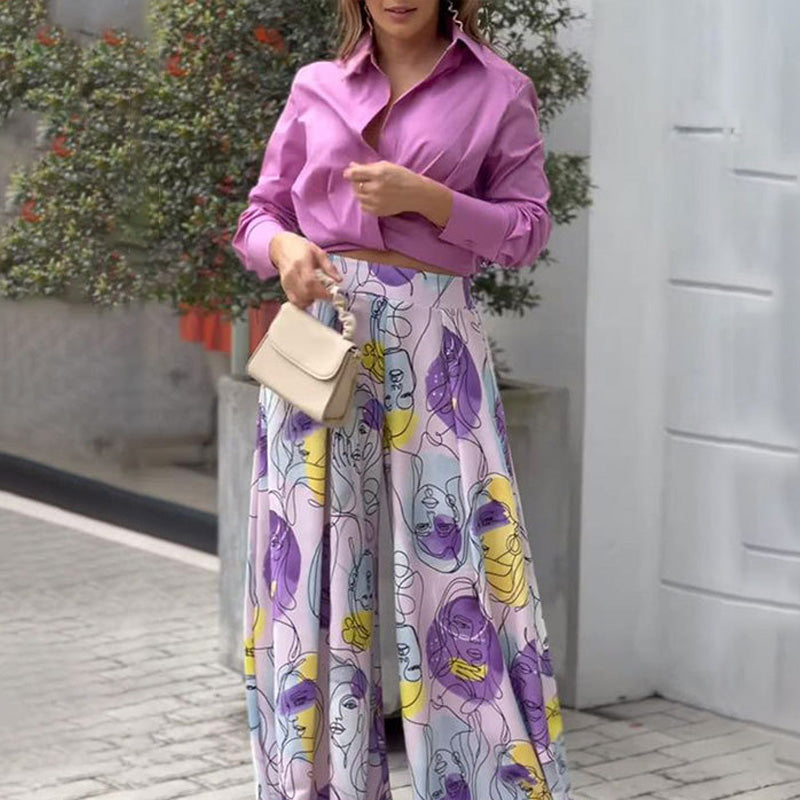 Ensemble 2 pièces Imprimé pour Femmes : Chemise Décontractée & Pantalon à Jambes Larges