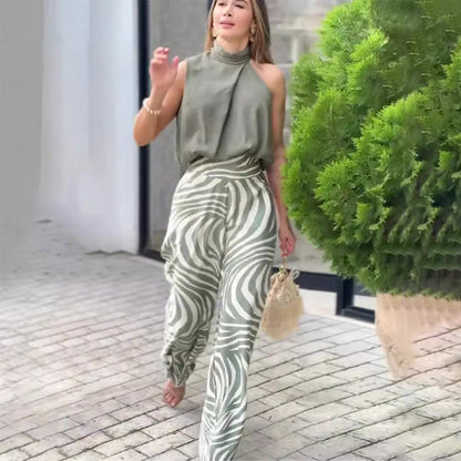 ✈️Livraison gratuite🔥Ensemble 2 Pièces : Haut à Dos Nu Sans Manches et Pantalon à Jambes Larges avec Imprimé Zèbre