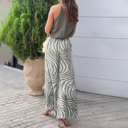 ✈️Livraison gratuite🔥Ensemble 2 Pièces : Haut à Dos Nu Sans Manches et Pantalon à Jambes Larges avec Imprimé Zèbre