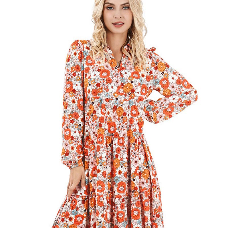 Robe mi-longue bohème à manches longues et col en V pour femme