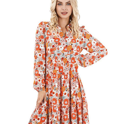 Robe mi-longue bohème à manches longues et col en V pour femme