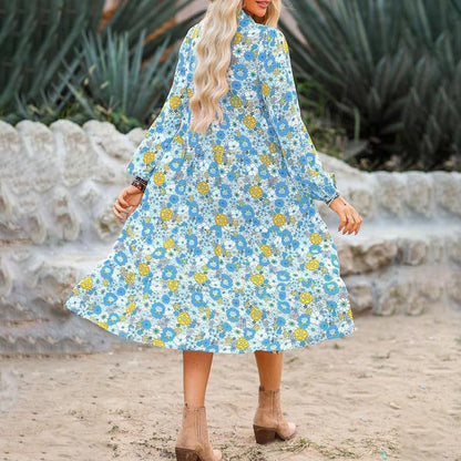 Robe mi-longue bohème à manches longues et col en V pour femme