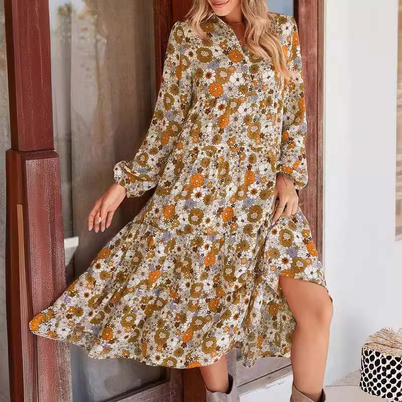 Robe mi-longue bohème à manches longues et col en V pour femme