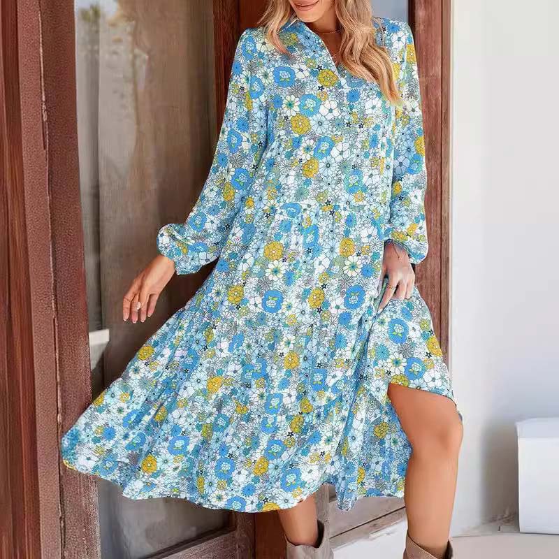 Robe mi-longue bohème à manches longues et col en V pour femme