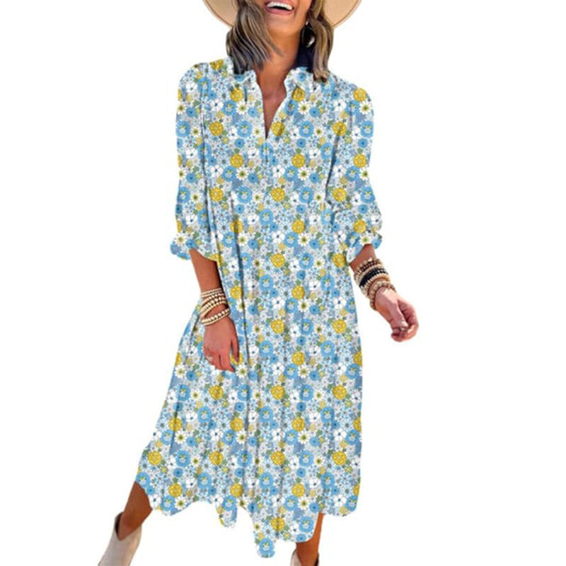 Robe mi-longue bohème à manches longues et col en V pour femme