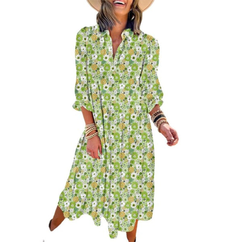 Robe mi-longue bohème à manches longues et col en V pour femme