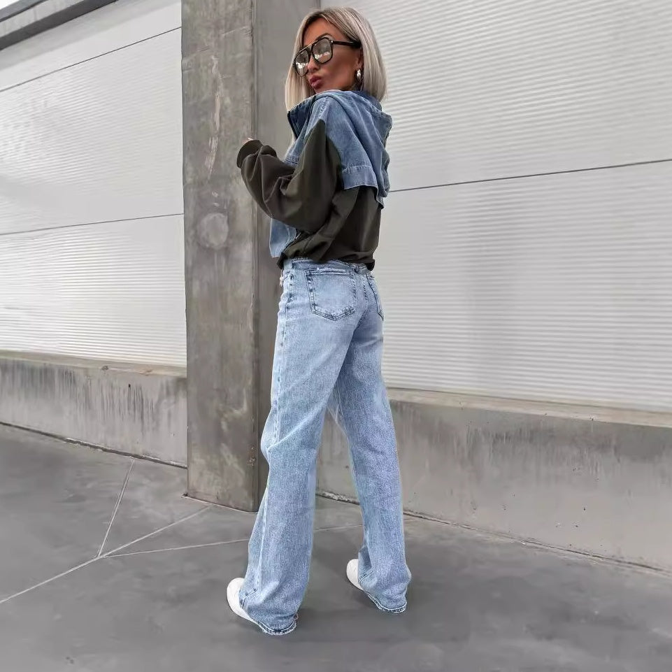 Denimjakke med hettegenser og løpesnor for dame