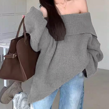 Pull décontracté à manches longues et épaules dénudées pour femme