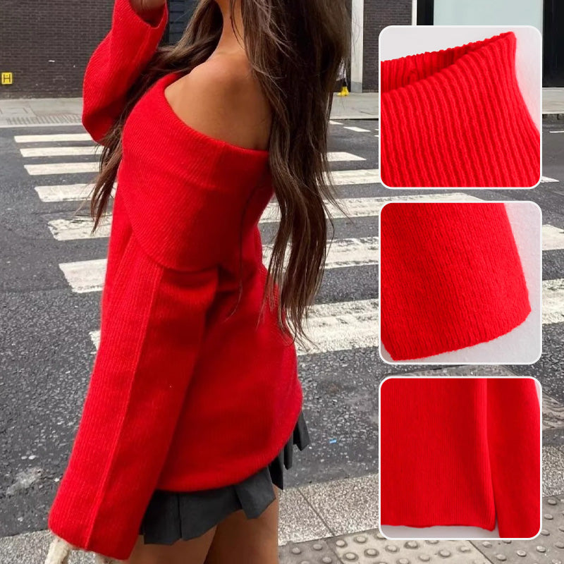 Pull décontracté à manches longues et épaules dénudées pour femme
