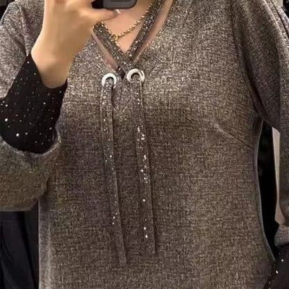 Robe femme longue col V avec cordon de serrage et manches pailletées