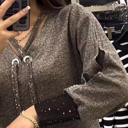 Robe femme longue col V avec cordon de serrage et manches pailletées