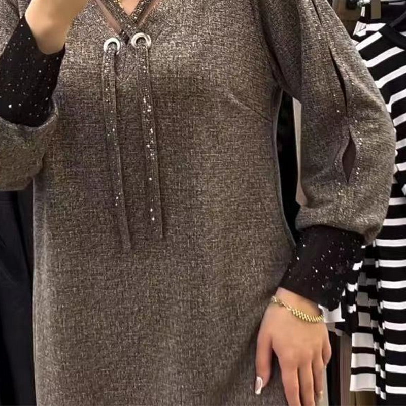 Robe femme longue col V avec cordon de serrage et manches pailletées