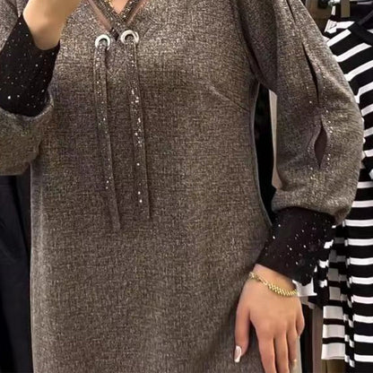 Robe femme longue col V avec cordon de serrage et manches pailletées
