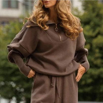 💃Unlock Style & Comfort- Top à revers avec demi-fermeture à glissière et jogging assorti